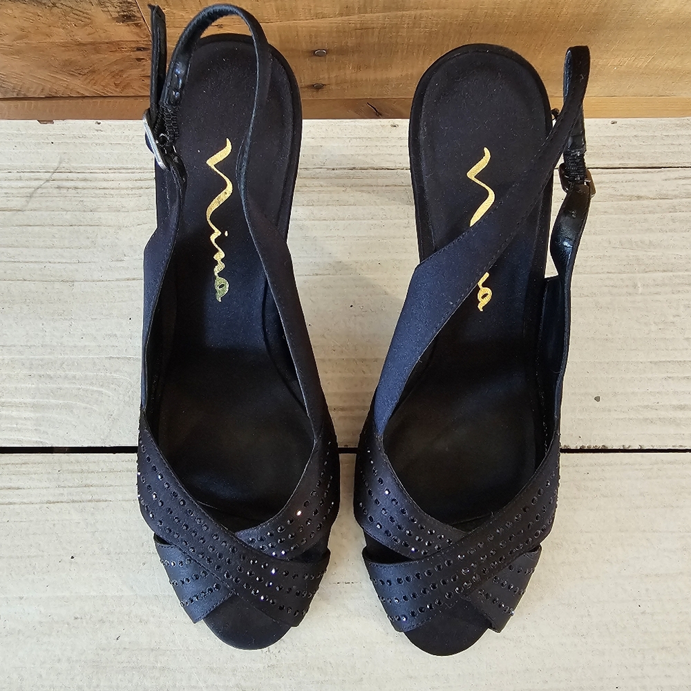 Nina "Camille" black satin & crystal peep toe slingback heels Size 6-1/2M - Picture 3 of 10